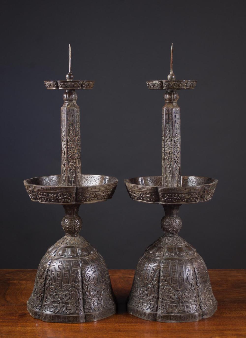 PAIR OF CHINESE BRONZE PILLAR CANDLESTICKS  316133