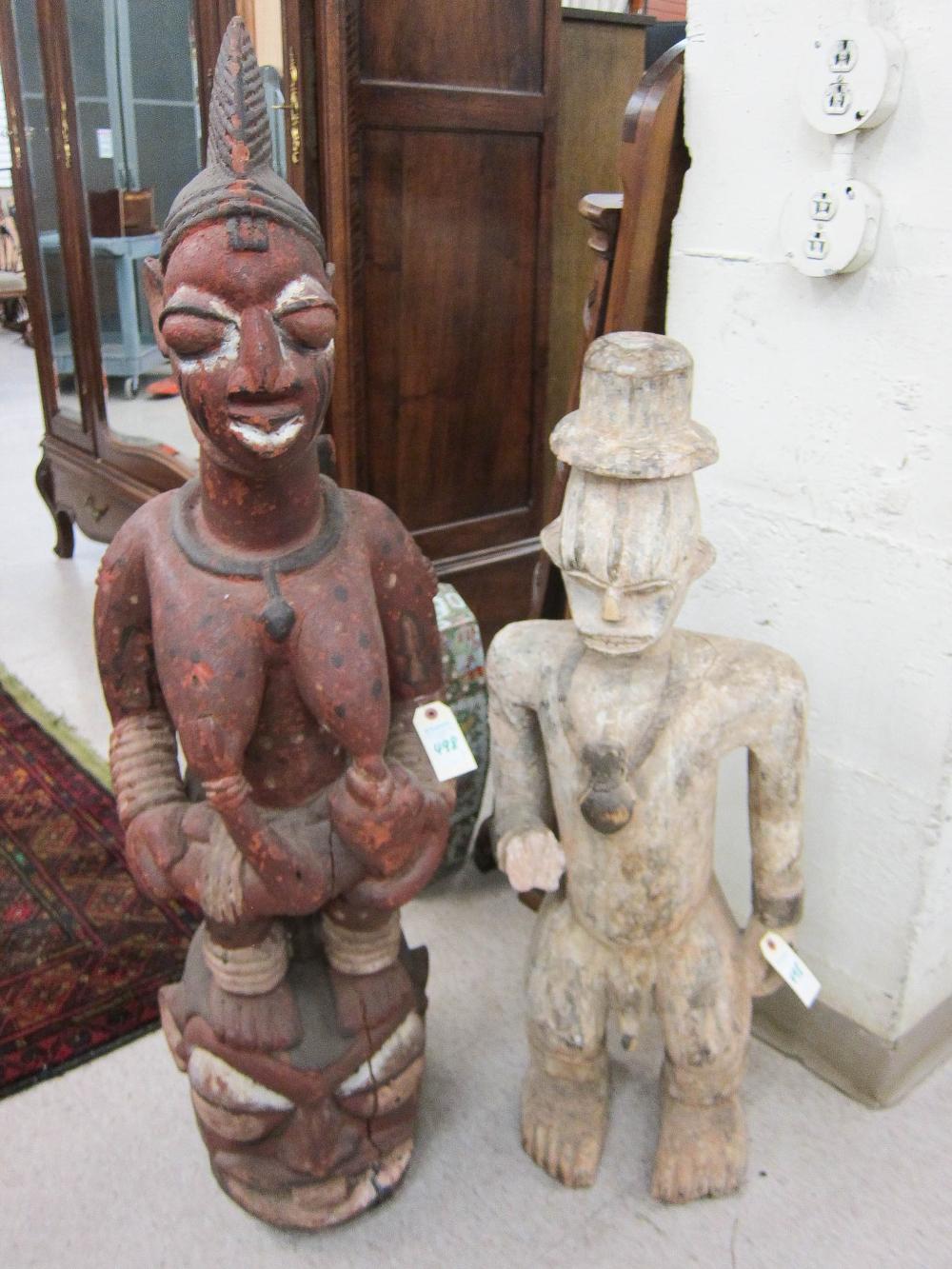 TWO AFRICAN CARVED AND PAINTED