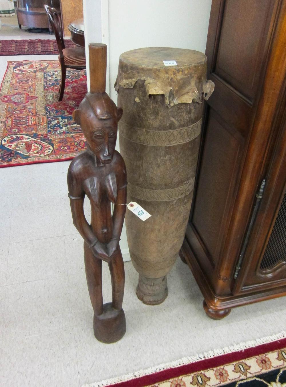 AFRICAN TRIBAL WOOD DRUM AND FIGURAL 316191