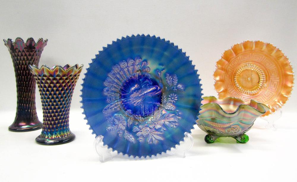 FIVE NORTHWOOD CARNIVAL GLASS ITEMS,