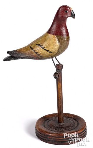 CARVED AND PAINTED BIRD ON PERCH,