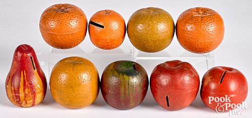 NINE PAINTED REDWARE FRUIT BANKS  3162ef