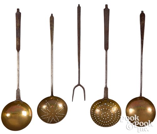 FIVE WROUGHT IRON AND BRASS UTENSILS,