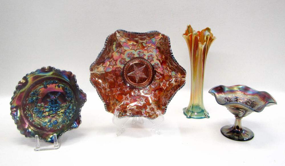 FOUR CARNIVAL GLASS VESSELS COMPRISED 316417