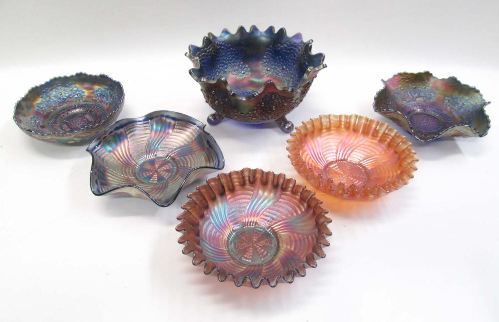 SIX FENTON CARNIVAL GLASS BOWLS, THREE