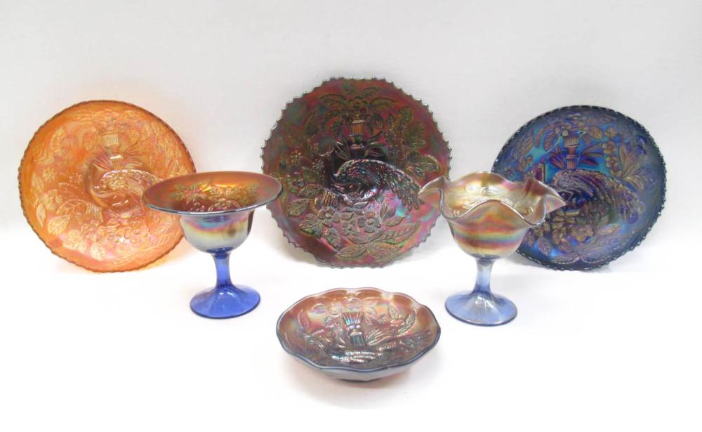 SIX PEACOCK AND URN CARNIVAL GLASS