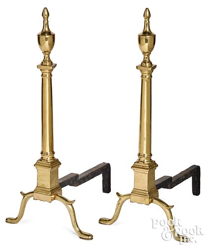 PAIR OF BRASS CHIPPENDALE ANDIRONS,