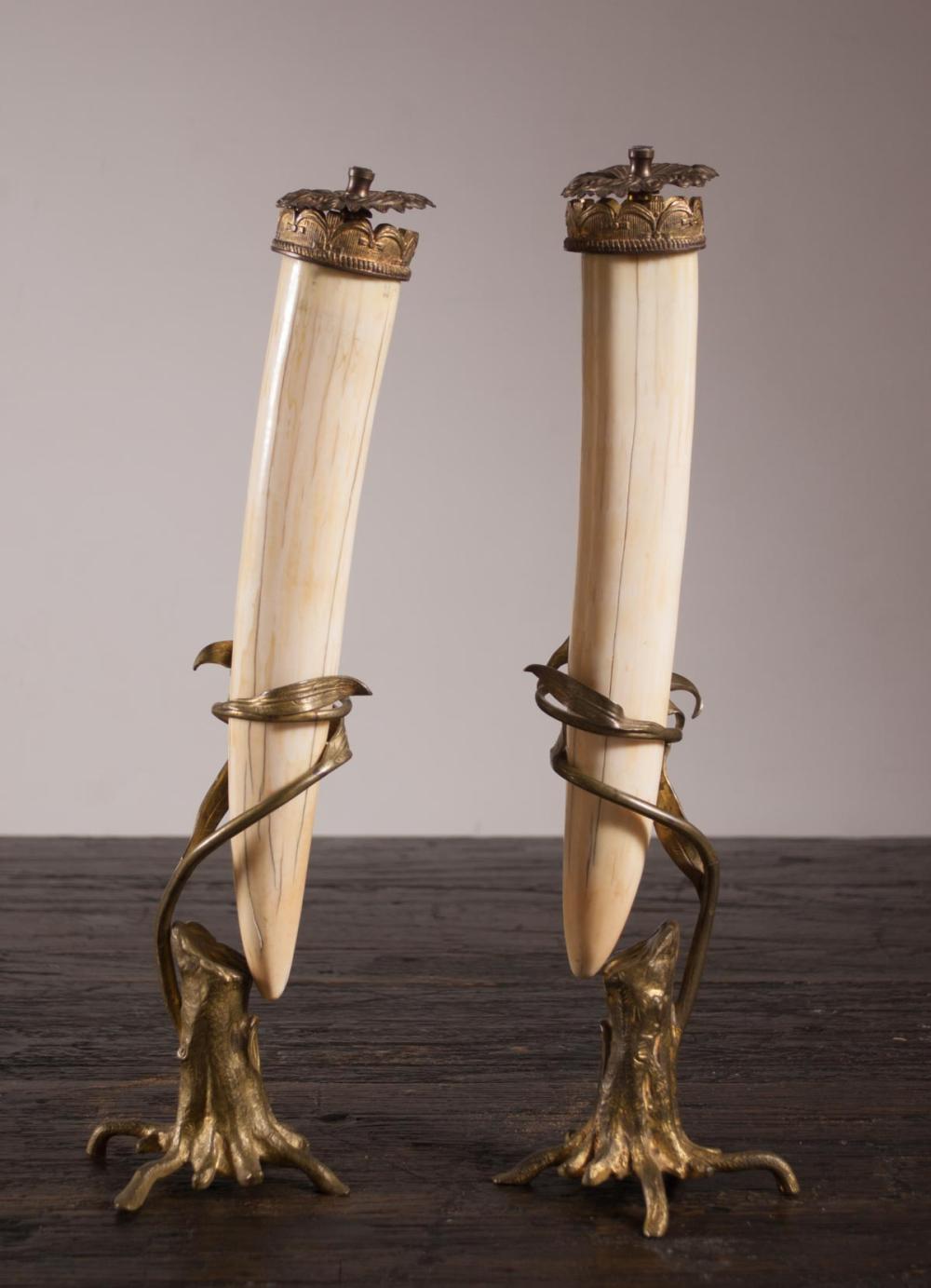 PAIR OF BRONZE AND WALRUS TUSK 31653a