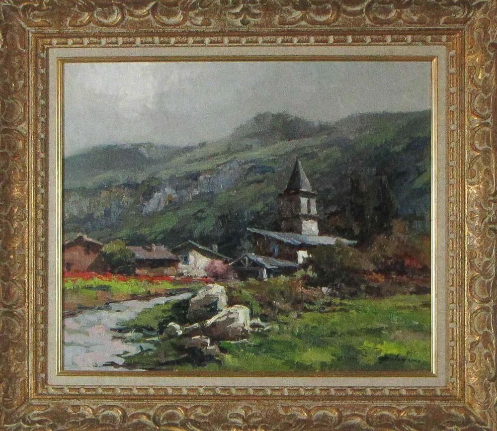 RURAL VILLAGE OIL ON CANVAS, A STREAM