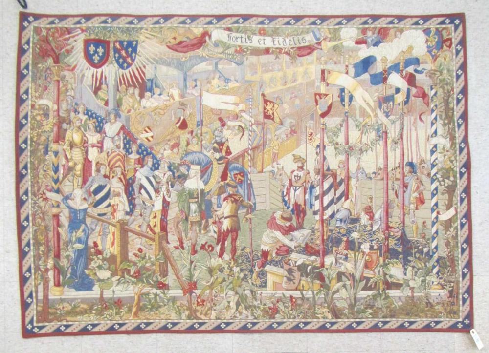 A FRENCH WALL TAPESTRY WITH HANGER