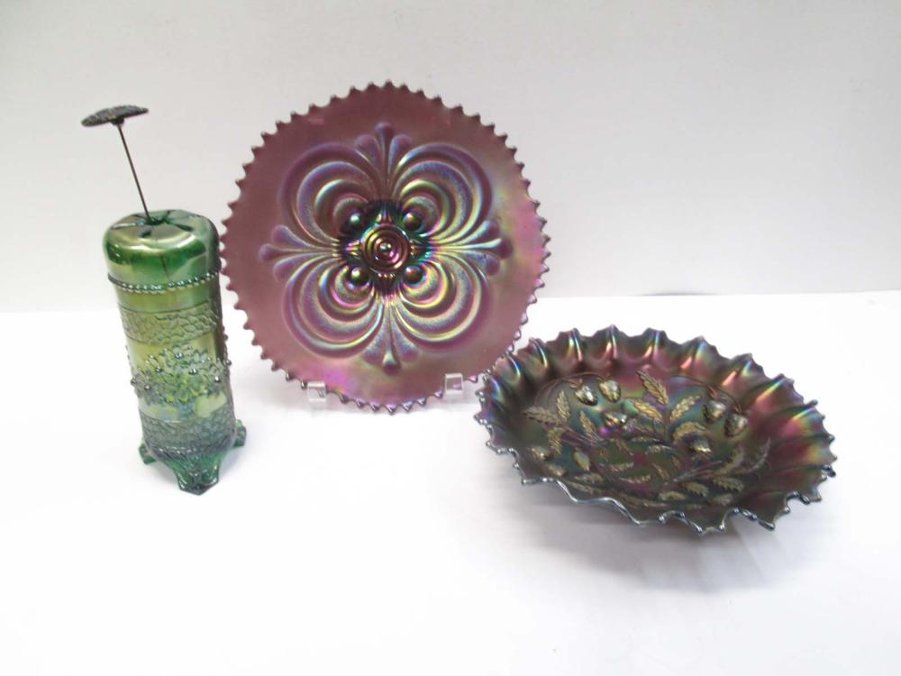 THREE CARNIVAL GLASS VESSELS, COMPRISED