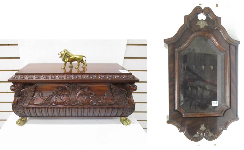 MAHOGANY JEWELRY CASKET AND WALL-MOUNT