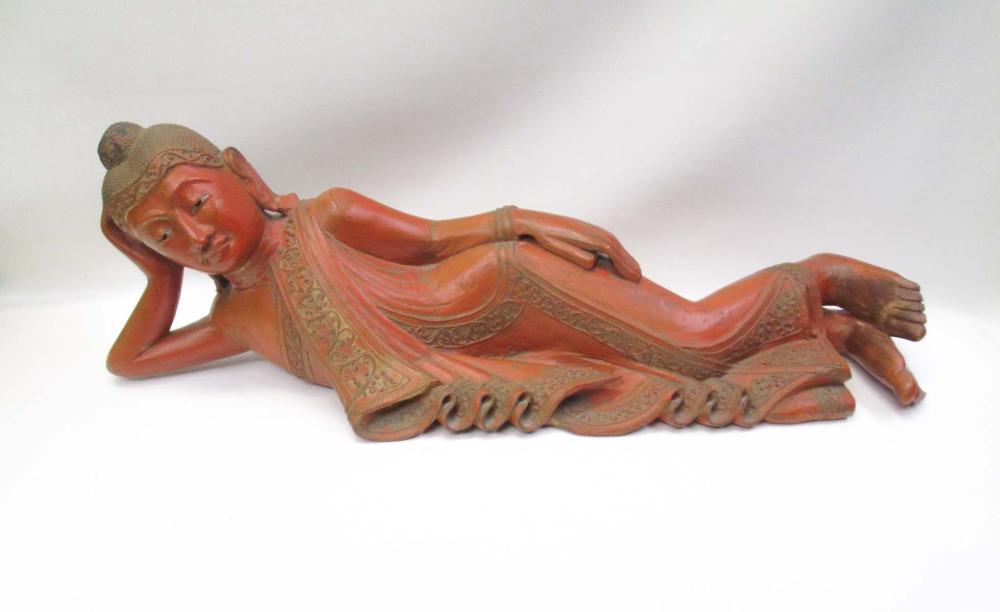 PAINTED AND CARVED TEAK WOOD RECLINING