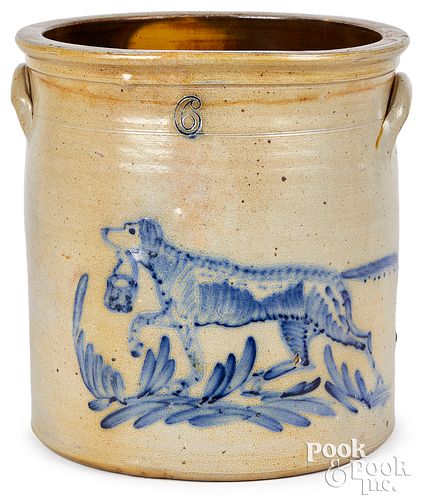 SIX-GALLON STONEWARE CROCK, COBALT DOG