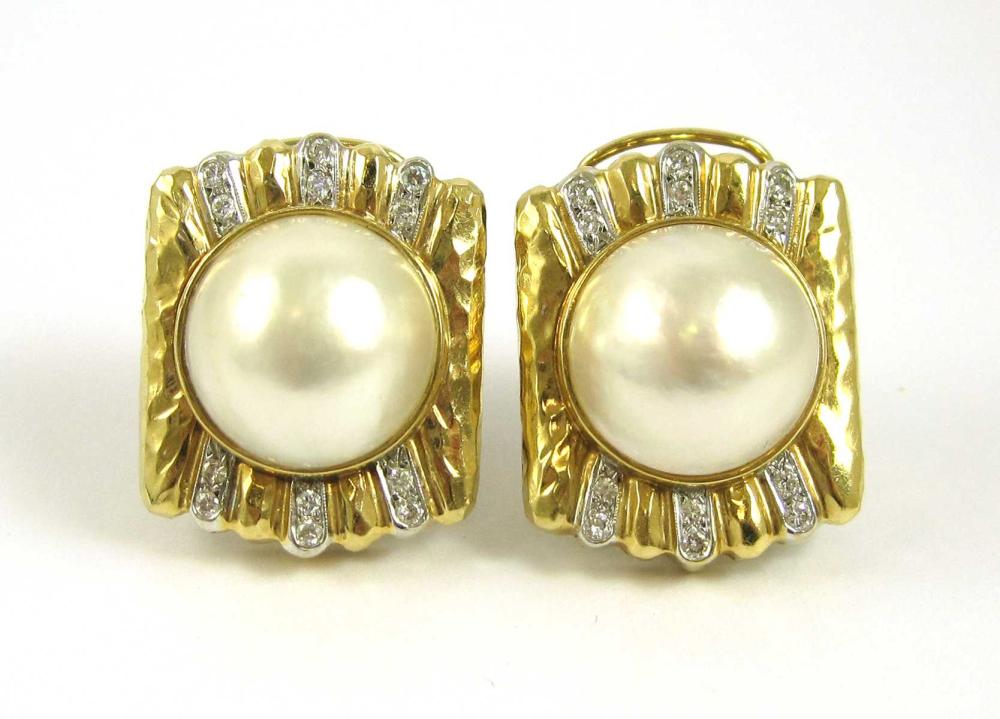 PAIR OF MABE PEARL AND DIAMOND