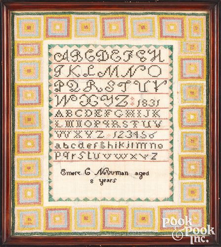 SILK ON LINEN SAMPLER, 19TH C.,