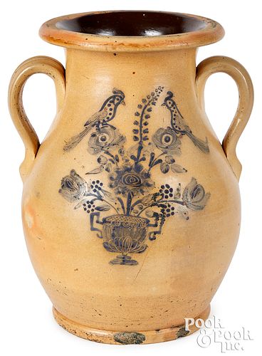 STONEWARE TWO-HANDLED URN, BIRDS & FLOWER