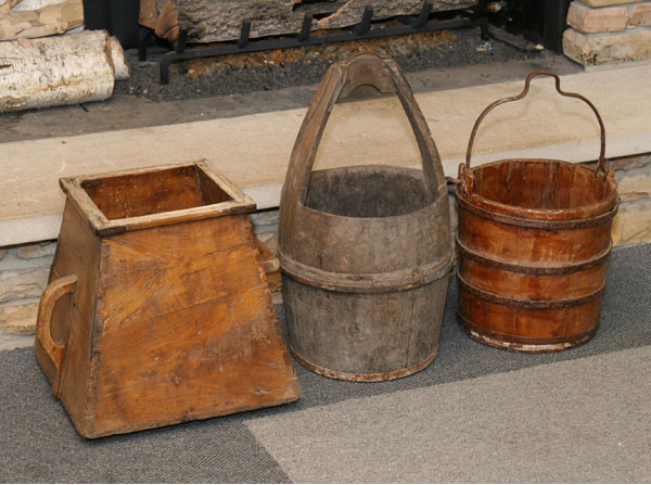 Three Asian primitive wooden buckets/carriers;