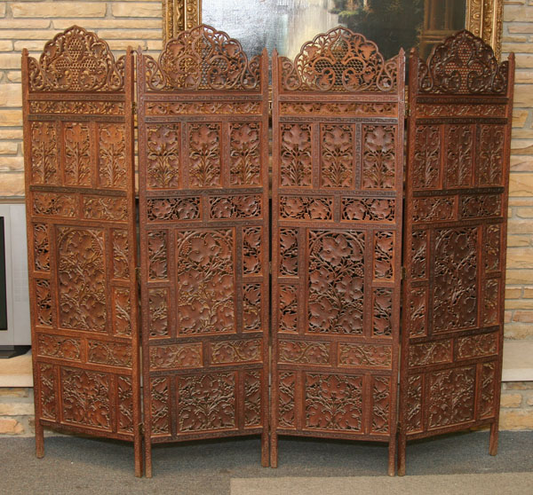 Four panel wooden screen; ornate