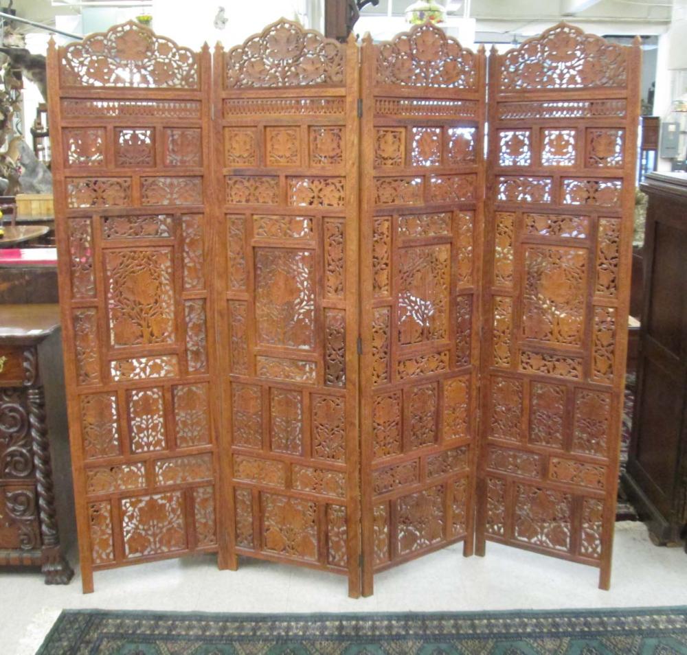 A CARVED SHEESHAM WOOD FLOOR SCREEN,