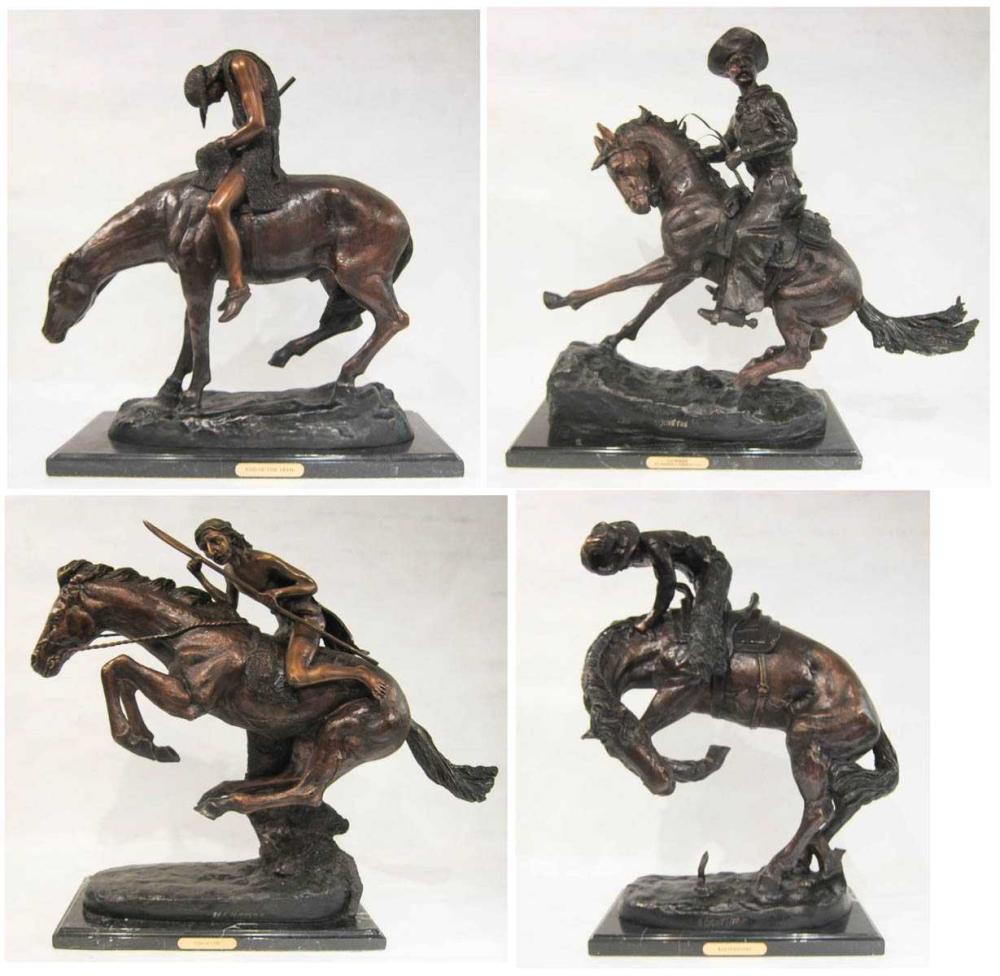 FOUR WESTERN BRONZE HORSE AND RIDER