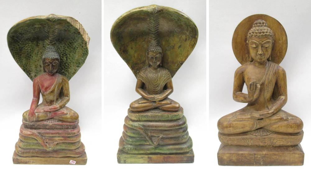 THREE CARVED WOOD BUDDHA SCULPTURES,