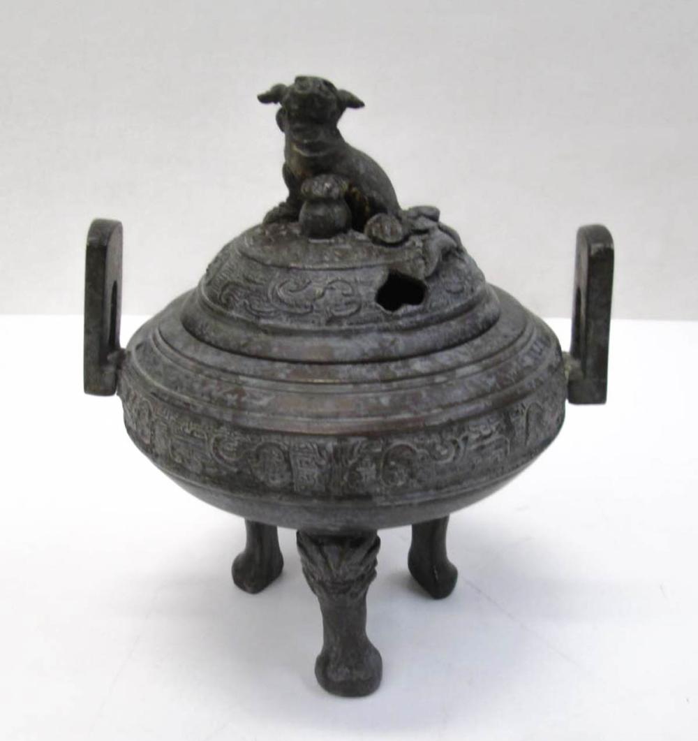 CHINESE BRONZE CENSER TRI FOOTED 316bad