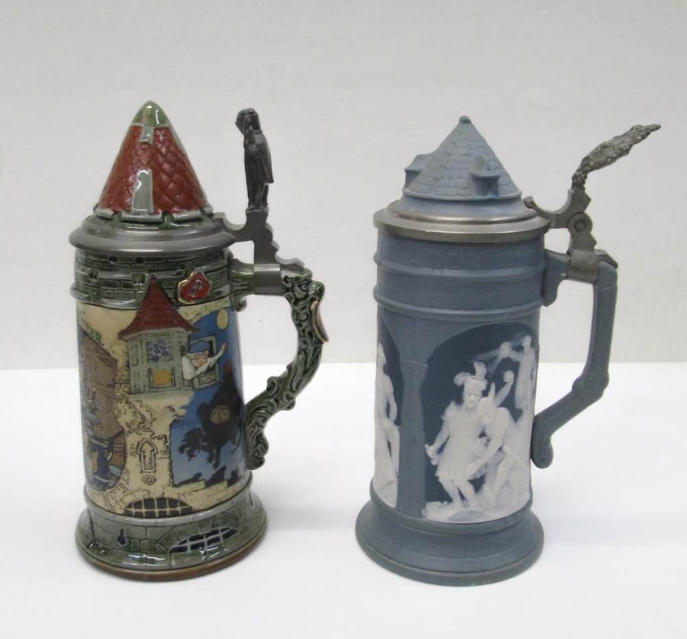 TWO METTLACH POTTERY STEINS EACH 316c0c