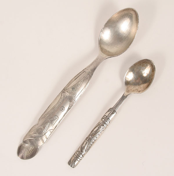Two Alaskan Indian spoons; engraved