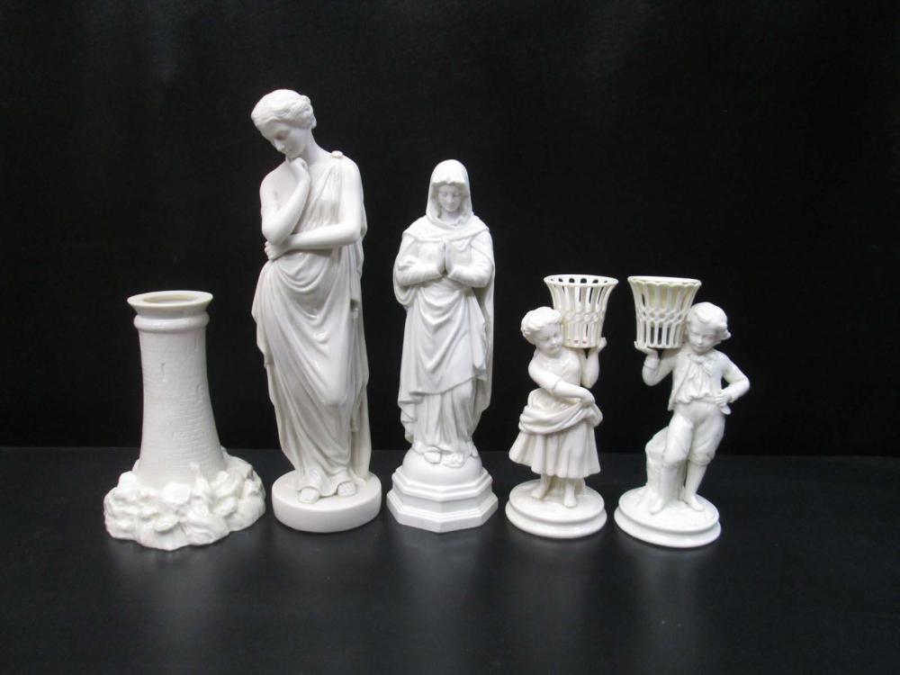 FIVE BELLEEK PARIAN PORCELAIN SCULPTURES,