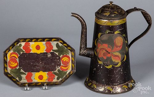 TOLEWARE COFFEE POT AND TRAY, 19TH