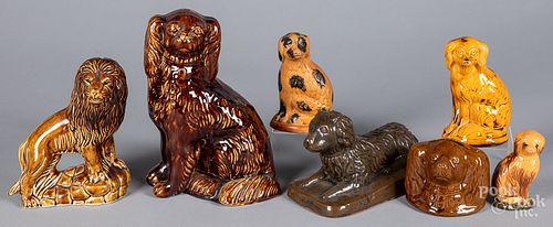 SEVEN POTTERY SPANIELS AND BANKSSeven