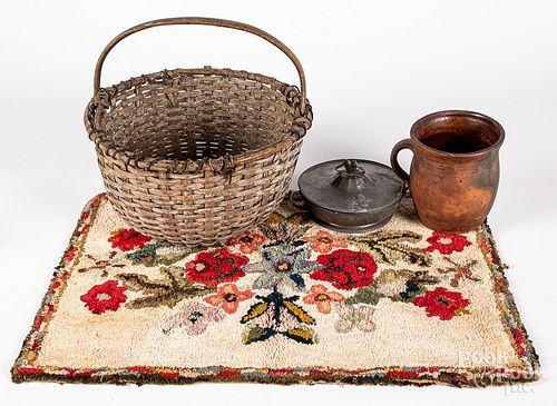 PAINTED BASKET, TOGETHER WITH A HOOKED