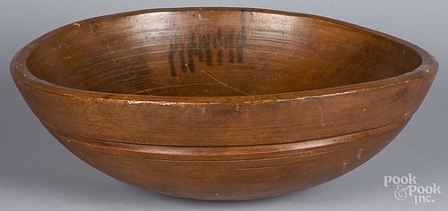 LARGE TURNED WOOD BOWL, 19TH C.Large