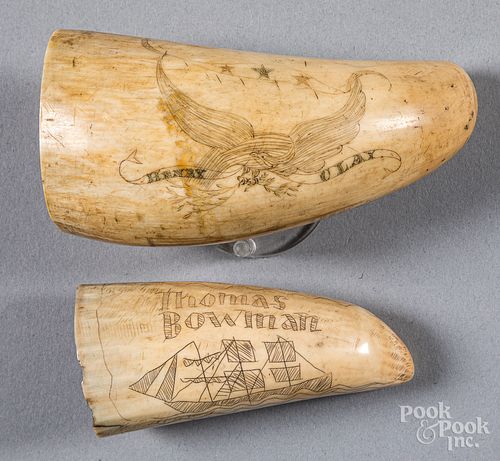 TWO SCRIMSHAW WHALE TEETH, 19TH