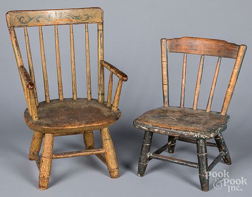 TWO PAINTED WINDSOR DOLL CHAIRS,