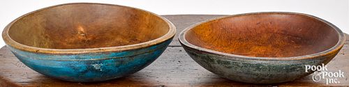 TWO TURNED AND PAINTED WOOD BOWLS,