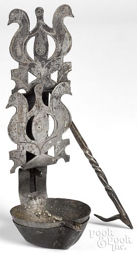 WROUGHT IRON FAT LAMP, 19TH C.Wrought