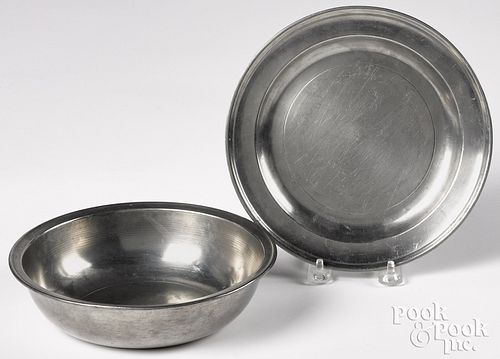 PHILADELPHIA PEWTER BASIN AND PLATE,