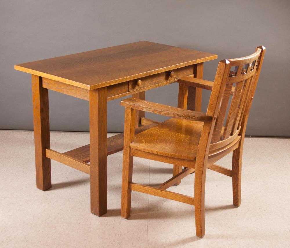 CRAFTSMAN OAK LIBRARY TABLE AND ARMCHAIR,