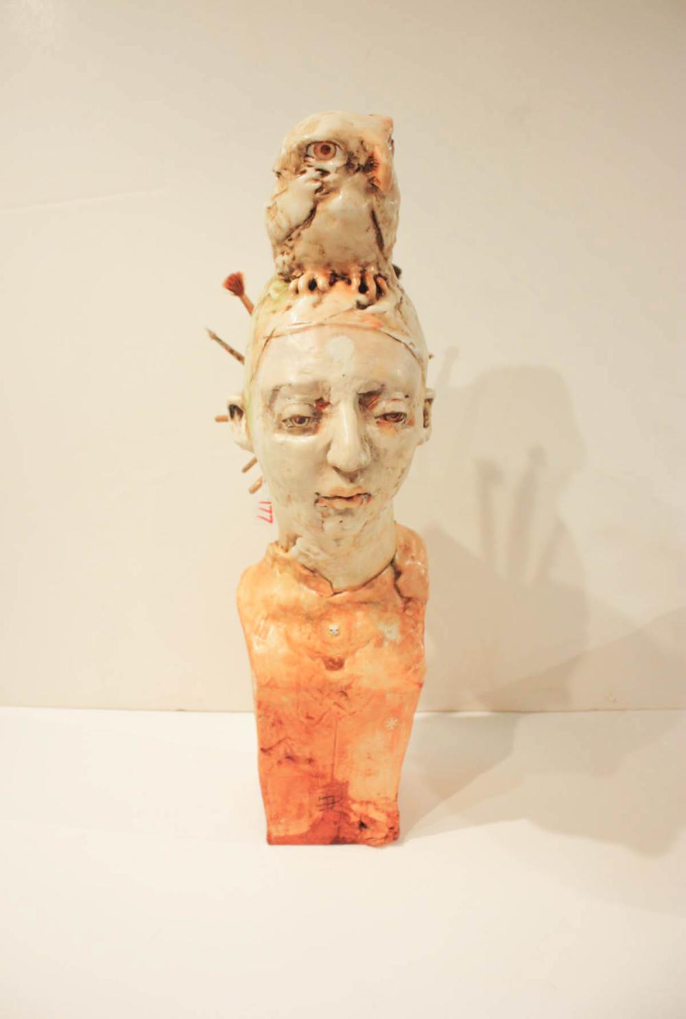 CERAMIC BUST, WOMAN WITH AN OWL ON HER