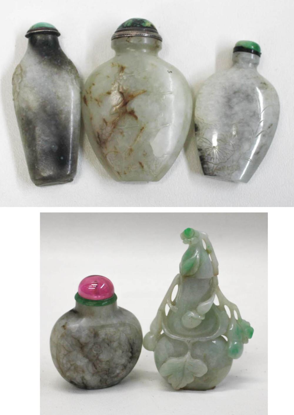 FIVE CHINESE JADE SNUFF BOTTLES,