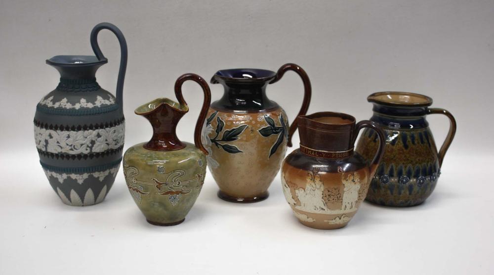 FIVE DOULTON LAMBETH ART POTTERY PITCHERS/JUGS,