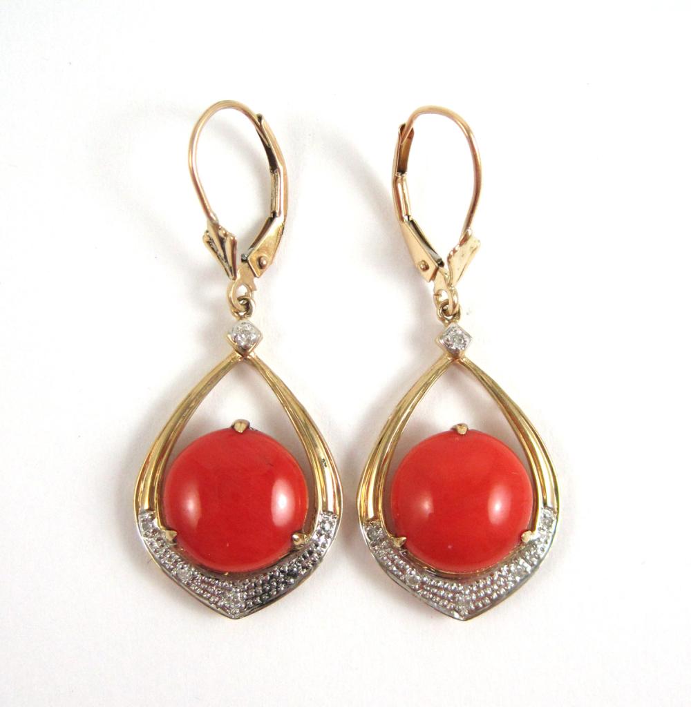 PAIR OF CORAL AND DIAMOND DANGLE