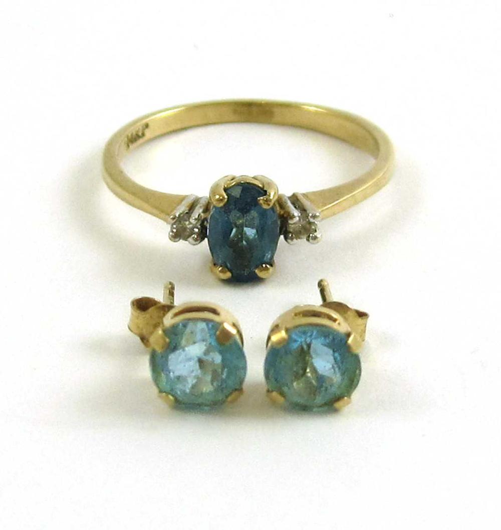 BLUE TOPAZ RING AND PAIR OF EAR