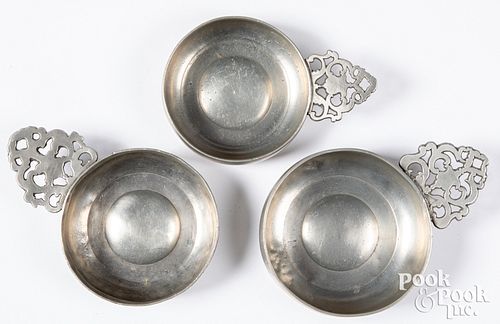 THREE NEW ENGLAND PEWTER PORRINGERS,