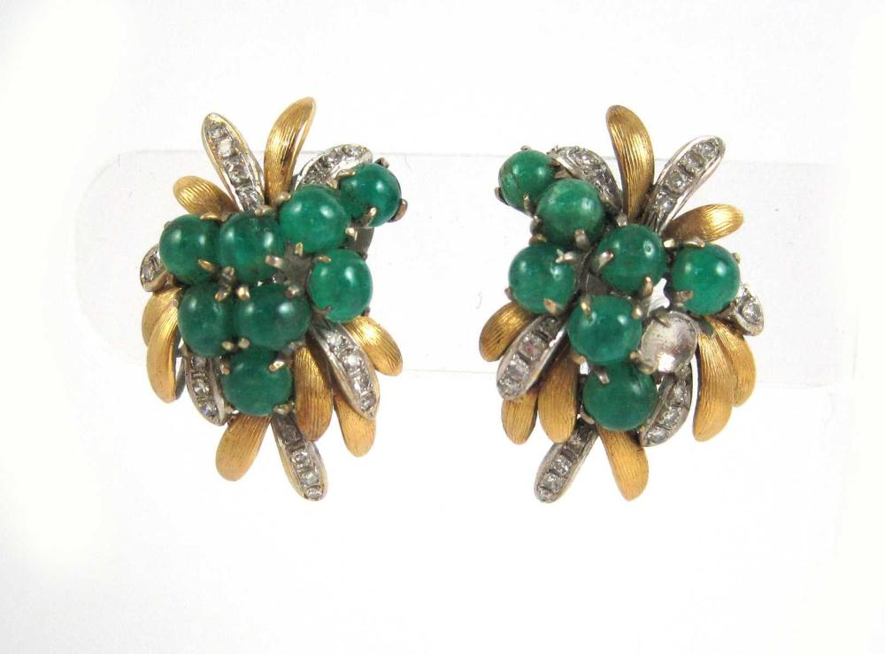 PAIR OF GREEN CABOCHON AND DIAMOND