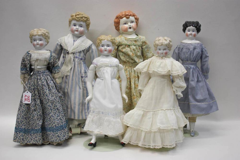 SIX CHINA HEAD DOLLS: 4 WITH BLONDE