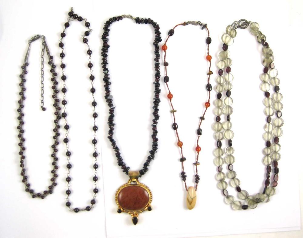 FIVE GARNET BEAD NECKLACES: 18"