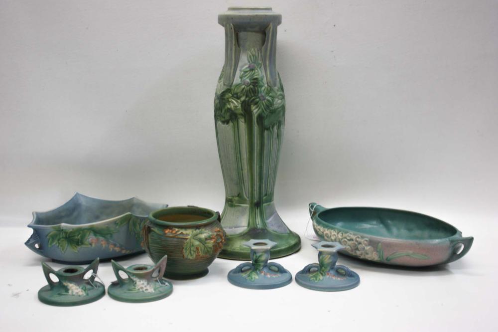 EIGHT ART POTTERY VESSELS, SEVEN ROSEVILLE